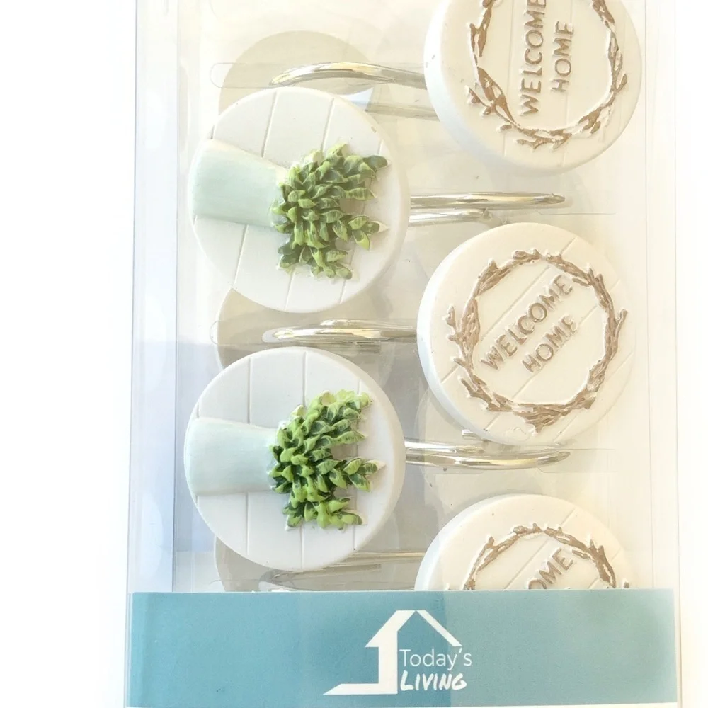 Modern Farmhouse Shower Curtain Hooks Set of 12 Welcome Home White Green Brown